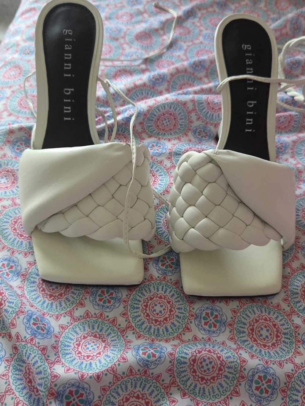 Gianni Bini Women's White Braided Square-Toe Heeled Sandals - Picture 1 of 5
